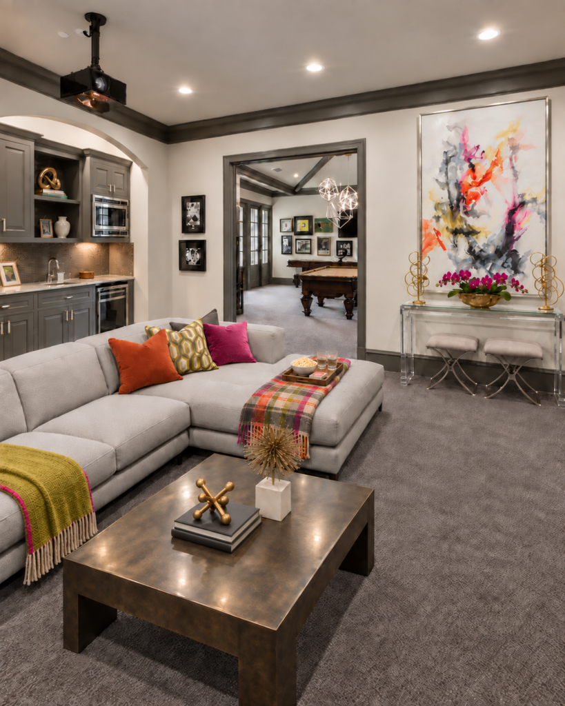 Basement lounge with a sectional sofa and a kitchenette