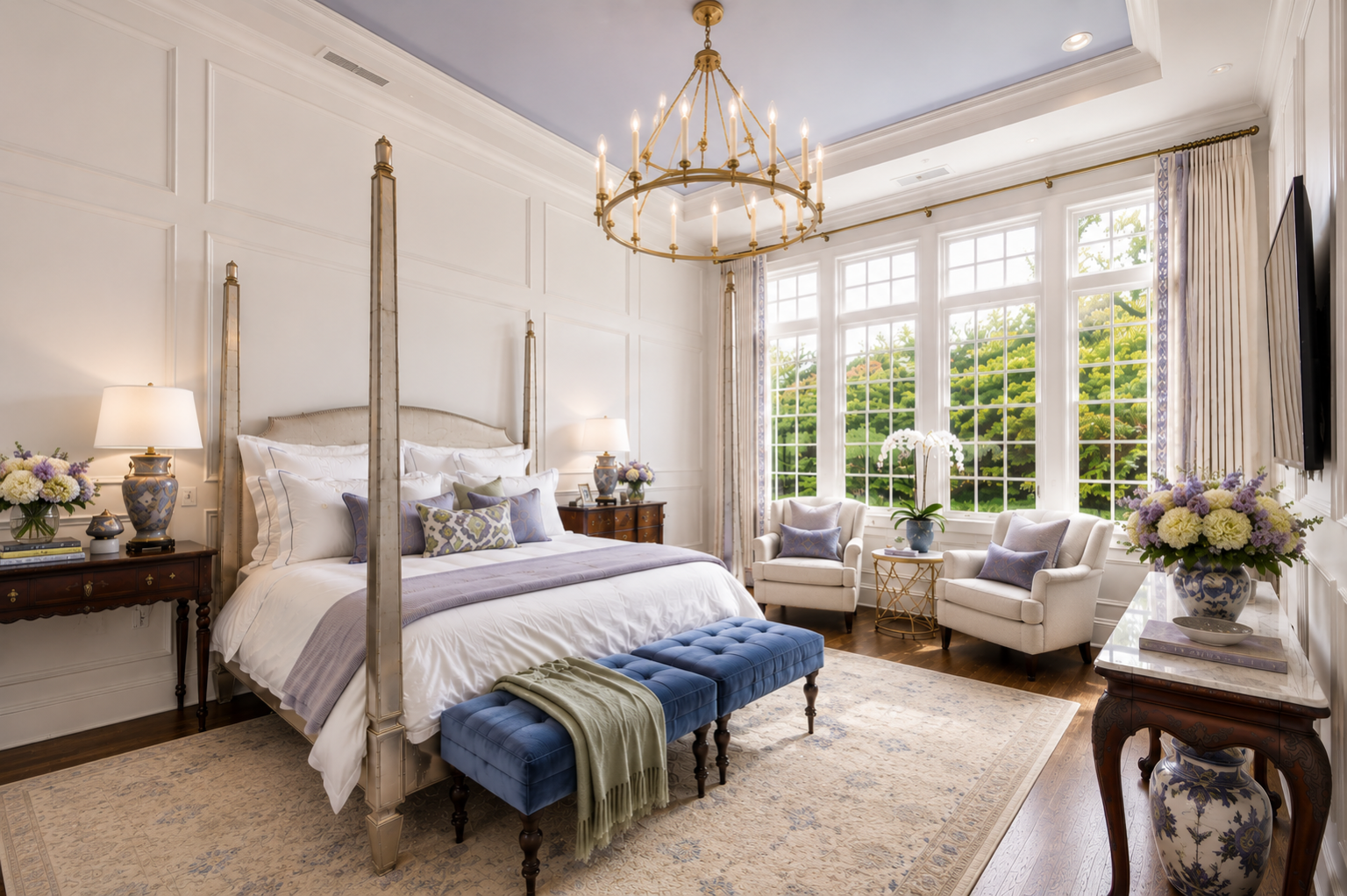 Primary bedroom with a four-poster bed, crystal chandelier, and a sitting area by tall windows
