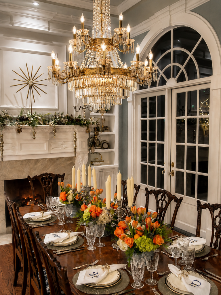 Dining room set for a holiday dinner with candles, flowers, and a crystal chandelier