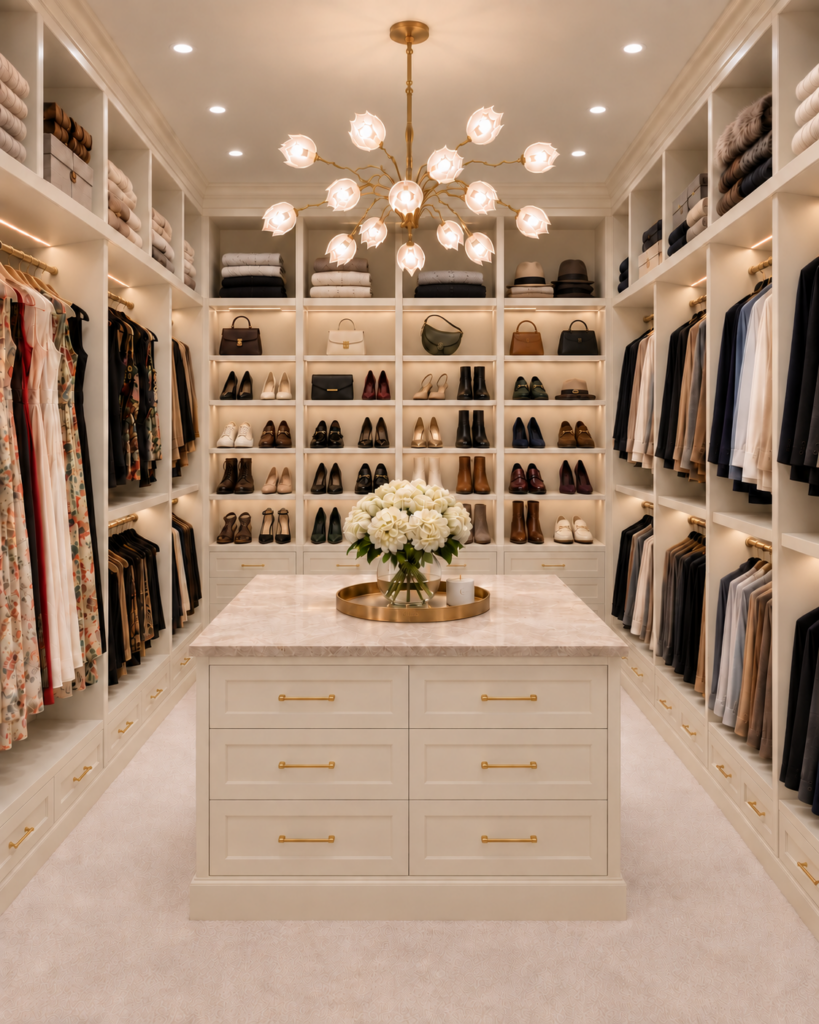 Walk-in closet with a marble-topped island and a starburst chandelier