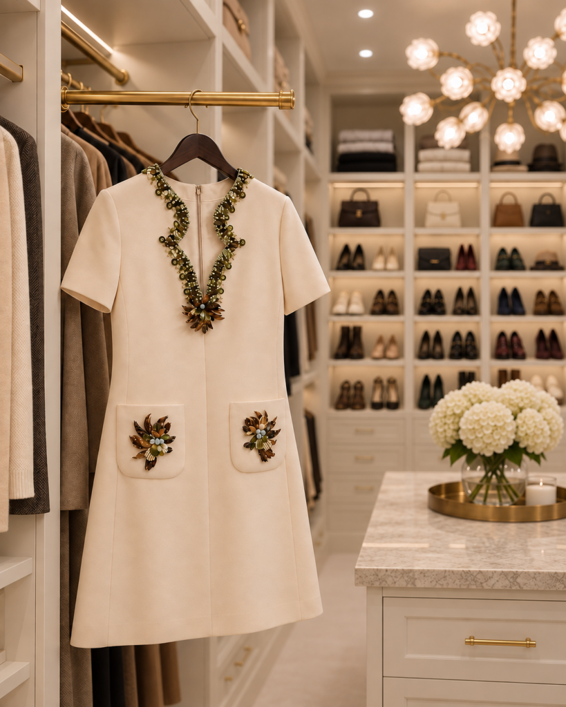 Walk-in closet with shoe shelving and an embroidered dress on display
