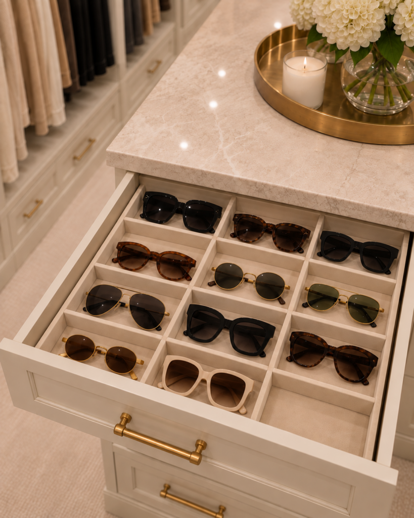 Closet island drawer organized with sunglasses