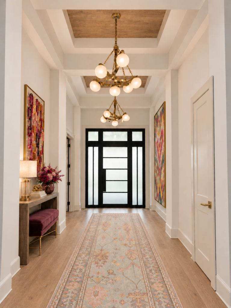 Entry hallway with a globe chandelier, runner rug, and colorful framed art