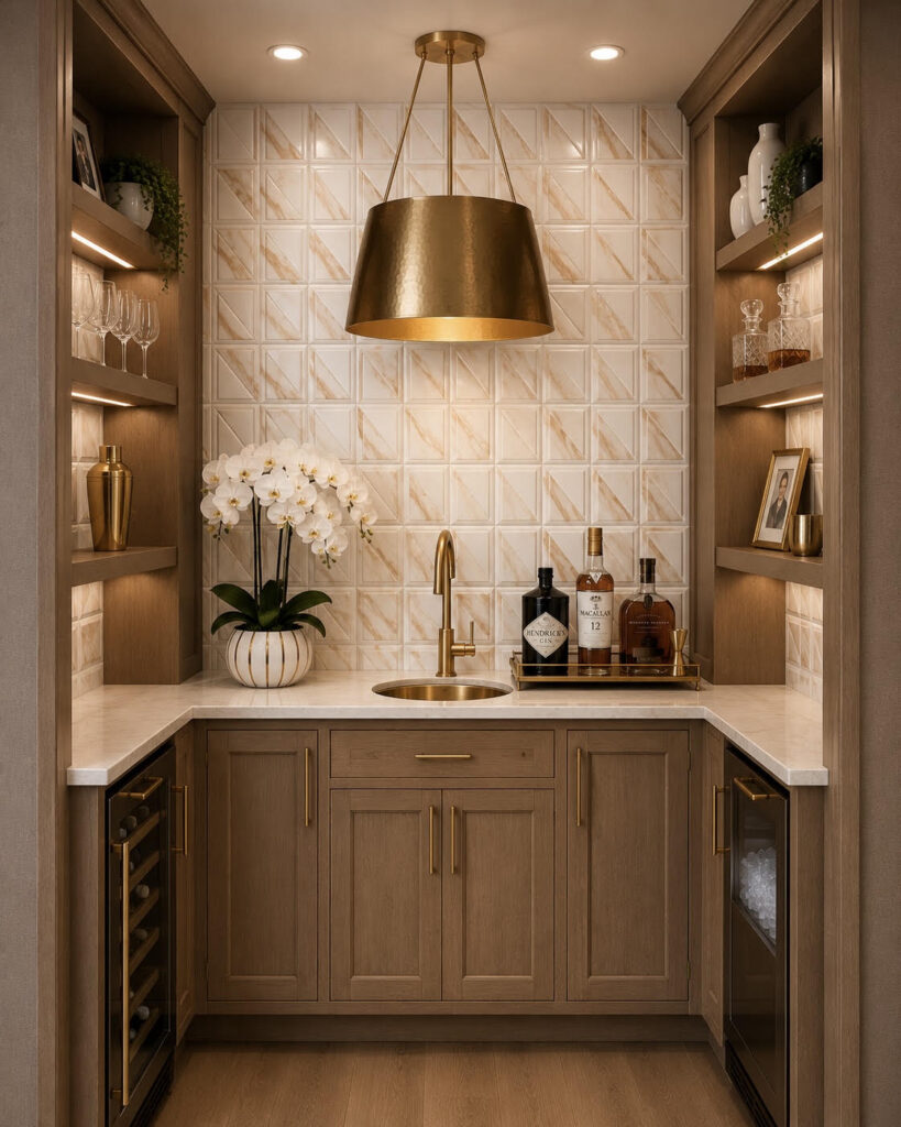 Wet bar with a brass pendant, white tile backsplash, and oak cabinetry