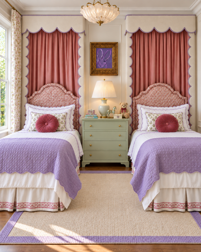 Twin bedroom with scalloped pink canopies and lavender bedding