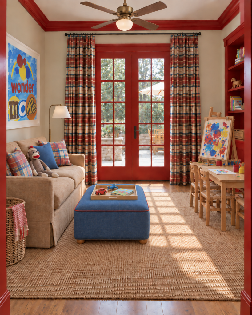 Playroom with red French doors, a blue ottoman, and a kids' table